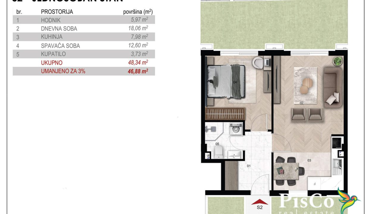 Jednosoban stan Novogradnja 47m2, Terra Residence Momišići, Podgorica (1 of 1)