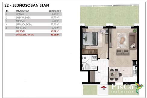 Jednosoban stan Novogradnja 47m2, Terra Residence Momišići, Podgorica (1 of 1)