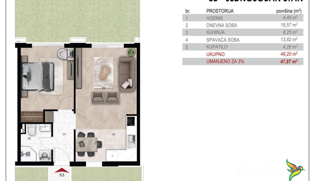 Jednosoban stan Novogradnja, 48m2, Terra Residence Momišići, Podgorica (1 of 1)